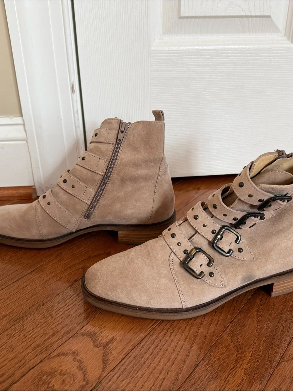 Women’s Paul Green Suede Ankle Boots in Light Taupe - Strapped Buckle Design